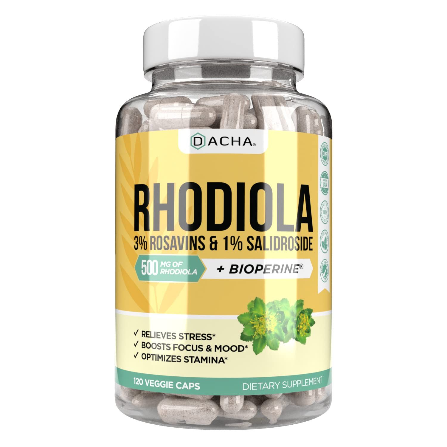 Natural Rhodiola Rosea Supplement - 120 CAPS 500mg, 3% Rosavins 1% Salidroside, Full 4-Month Supply, Bioperine Enhanced Absorbtion, Mood, Focus, and Brain Booster, Clarity &amp; Stress Support