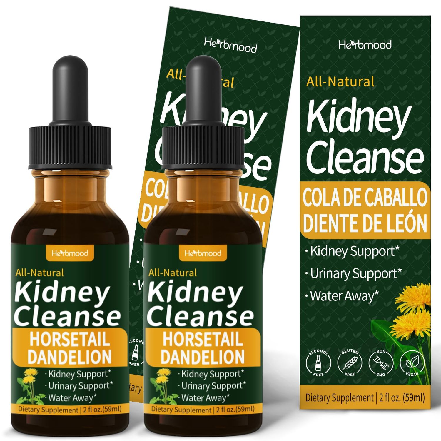 Herbmood Kidney Cleanse Drops, Diente de Leon y Chanca Piedra for Kidney Stone, Cola de Caballo for Water Away &amp; Edema Relief. Nature Herbal Extract Liquid for Kidney Cleanse Detox &amp; Repair. 4oz