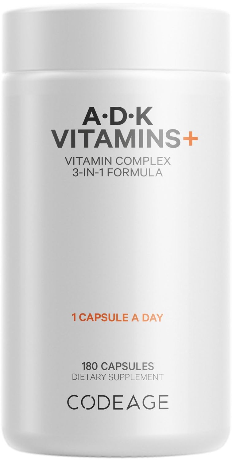 Codeage ADK Vitamis Supplement - Essential Vitamin A, Vitamin D3 5000 IU, Vitamin K1 &amp; K2 (MK4 &amp; MK7) - 6-Month Supply - A D K Vitamins, 1 Capsule per Serving, Non-GMO, Gluten-Free - 180 Capsules