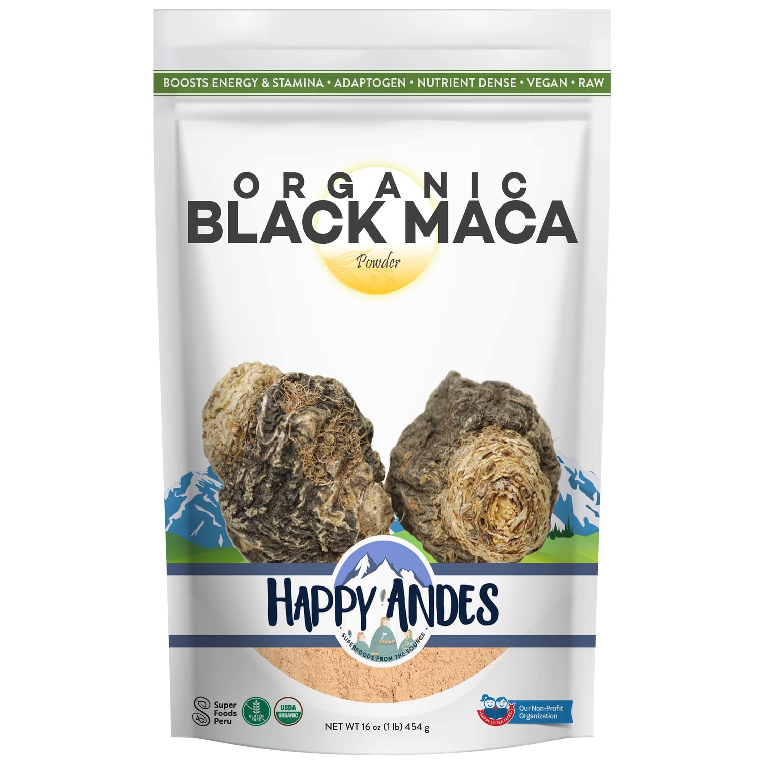Happy Andes Organic Black Pure &amp; Raw Maca Root Powder Non-GMO, USDA for Energy &amp; Fitness, Performance &amp; Mood for Men &amp; Women, Gluten Free, Peruvian Superfood, Blue, 16 oz