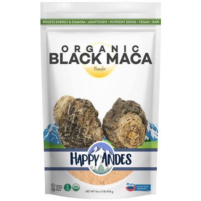 Happy Andes Organic Black Pure &amp; Raw Maca Root Powder Non-GMO, USDA for Energy &amp; Fitness, Performance &amp; Mood for Men &amp; Women, Gluten Free, Peruvian Superfood, Blue, 16 oz