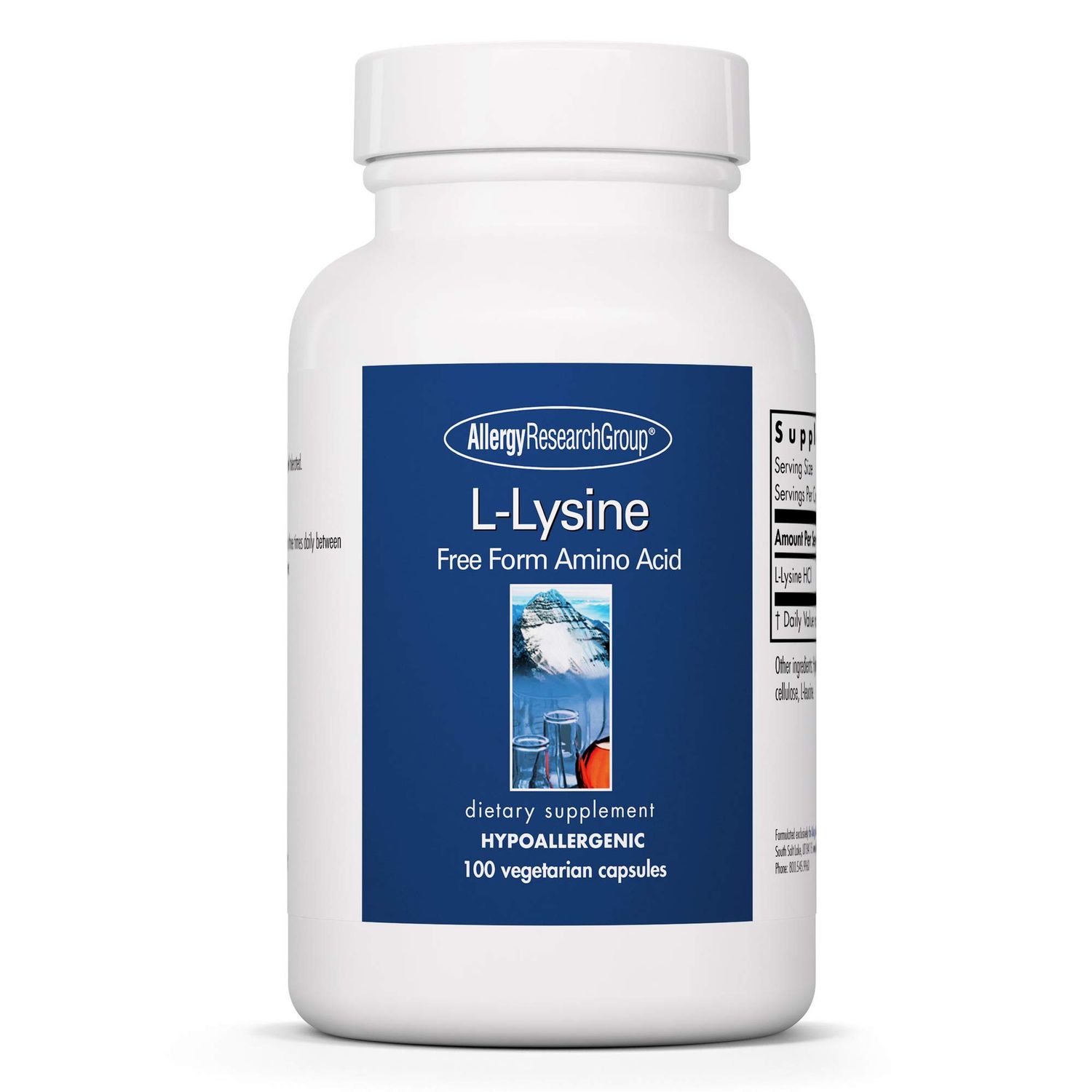 Allergy Research Group L-Lysine - Immune Support, L-Lysine HCI, Free Form Amino Acid, 500mg Supplement, Pure, Organic, Vegetarian Capsules - 100 Count