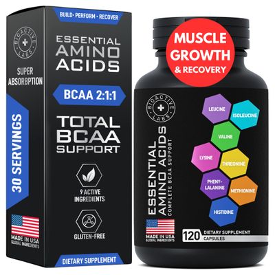 Essential Amino Acids Supplement for Women &amp; Men - Vegan BCAA Amino Acid Complex for Muscle Growth with All 9 BCAAs Essential Aminos - Advanced Workout Power &amp; Recovery Formula - 120 EAA BCAA Pills