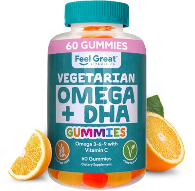 DHA &amp; Omega Gummies for Adults by Feel Great Vitamin Co. | Vegetarian | Vitamin C, Chia, and Omega 3 6 9, Supports Brain, Immune, Prenatal Functions, (60 Count)