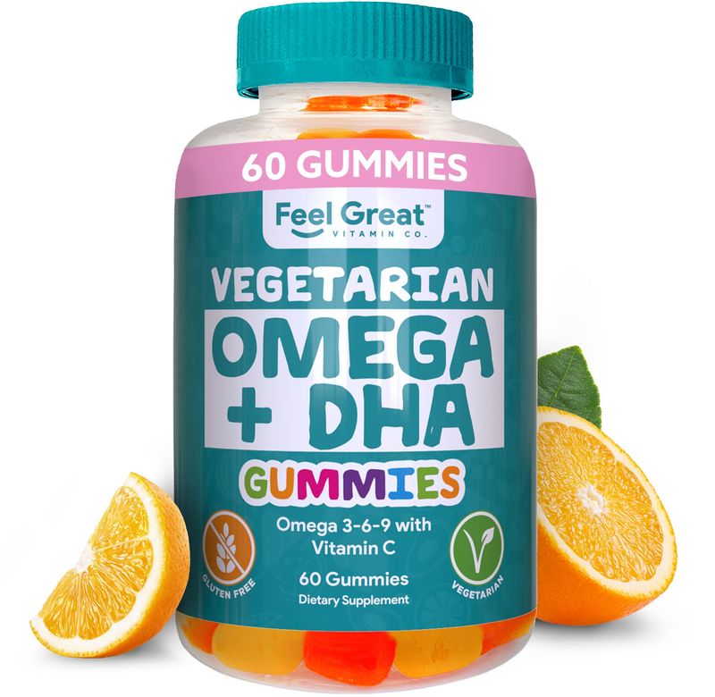DHA &amp; Omega Gummies for Adults by Feel Great Vitamin Co. | Vegetarian | Vitamin C, Chia, and Omega 3 6 9, Supports Brain, Immune, Prenatal Functions, (60 Count)