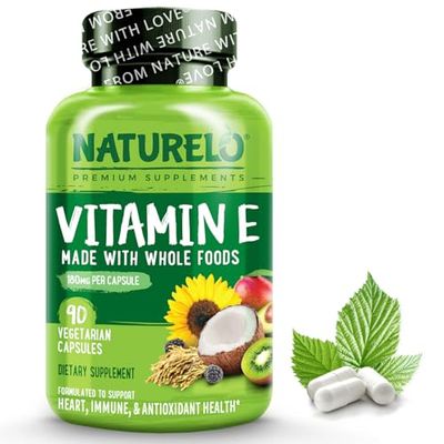 NATURELO Vitamin E - 180 mg (300 IU) of Natural Mixed Tocopherols from Organic Whole Foods - Supplement for Healthy Skin, Hair, Nails, Immune &amp; Eye Health - Non-GMO, Soy Free - 90 Vegan Capsules