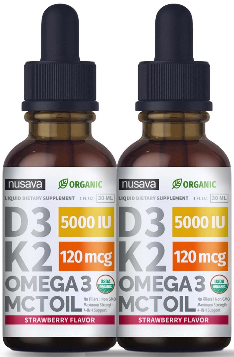 (2 Pack) Organic Vitamin D3 K2 Drops w MCT Oil Omega 3, Maximum Strength, 5000 IU, No Fillers, Non-GMO Liquid D3 for Faster Absorption, Immune Support (Strawberry, 2 Fl Oz)