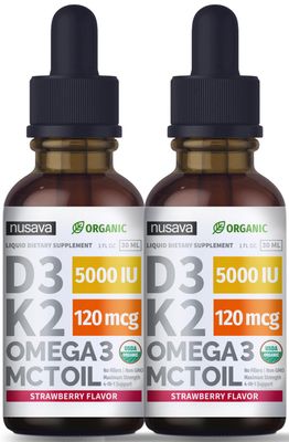 (2 Pack) Organic Vitamin D3 K2 Drops w MCT Oil Omega 3, Maximum Strength, 5000 IU, No Fillers, Non-GMO Liquid D3 for Faster Absorption, Immune Support (Strawberry, 2 Fl Oz)