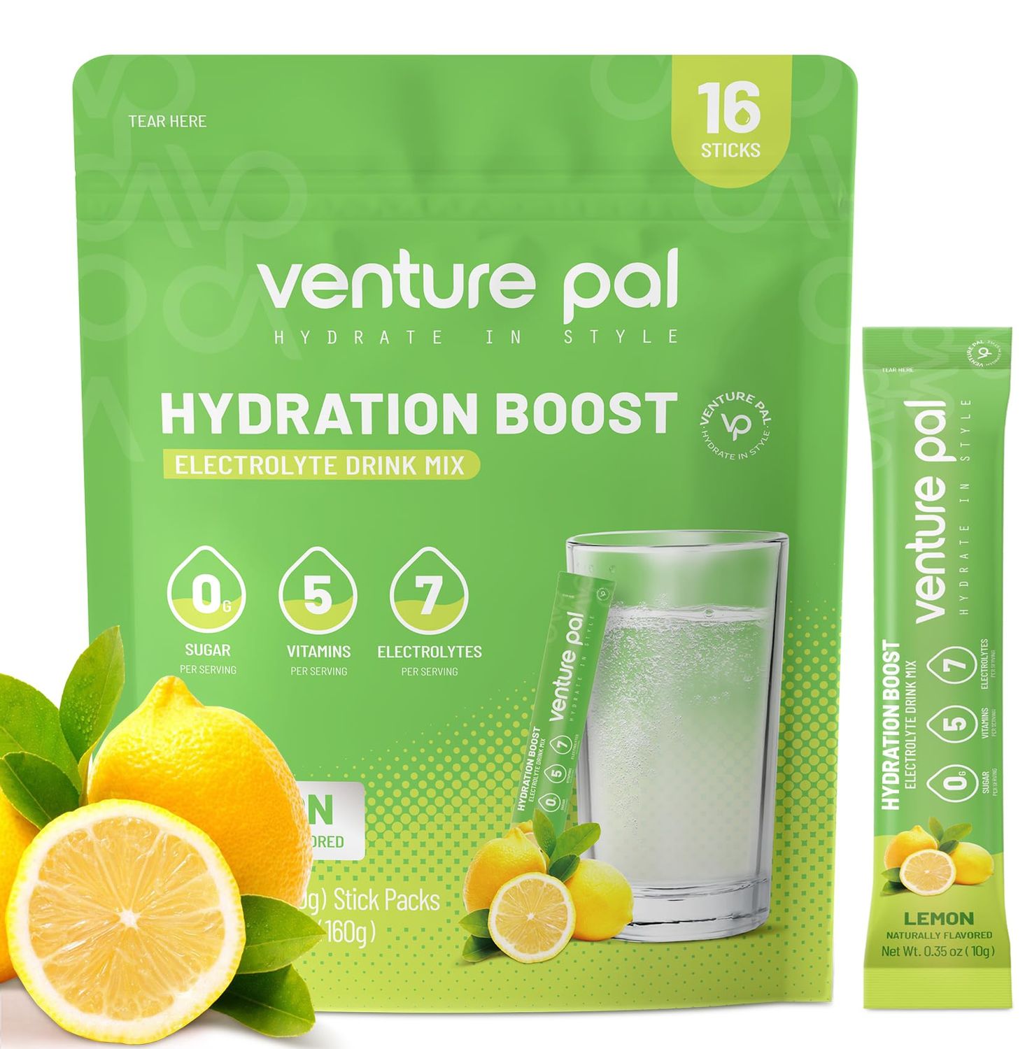 Venture Pal Sugar Free Electrolyte Powder Packets - Liquid Daily IV Drink Mix for Rapid Hydration &amp; Party Recovery | 5 Vitamins &amp; 7 Electrolytes| Keto Friendly | Non-GMO | Certified Vegan | 16 Sticks