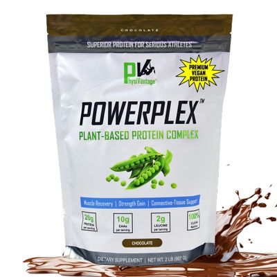 PhysiVantage POWERPLEX Vegan Protein Powder, Collagen Alternative - Organic Plant-Based Pea &amp; Rice Protein, Dairy-Free, Non-GMO, Supports Muscle &amp; Joint Recovery, Monk Fruit Sweetened 2 lb (Chocolate)