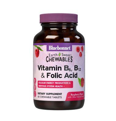 Bluebonnet Nutrition Earth Sweet Vitamin B6, B12, Plus Folic Acid Chewable Tablets, Vegan, Vegetarian, Gluten Free, Soy Free, Milk Free, Kosher, 60 Chewable Tablets, Raspberry Flavor