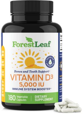 ForestLeaf Vitamin D3 5000 IU - Bone Health and Immune Support - Small Easy to Swallow Vegetable Capsules - Non-GMO Gluten Free VIT D - VIT D3 Vitamin D Supplements for Women and Men, 180 Count