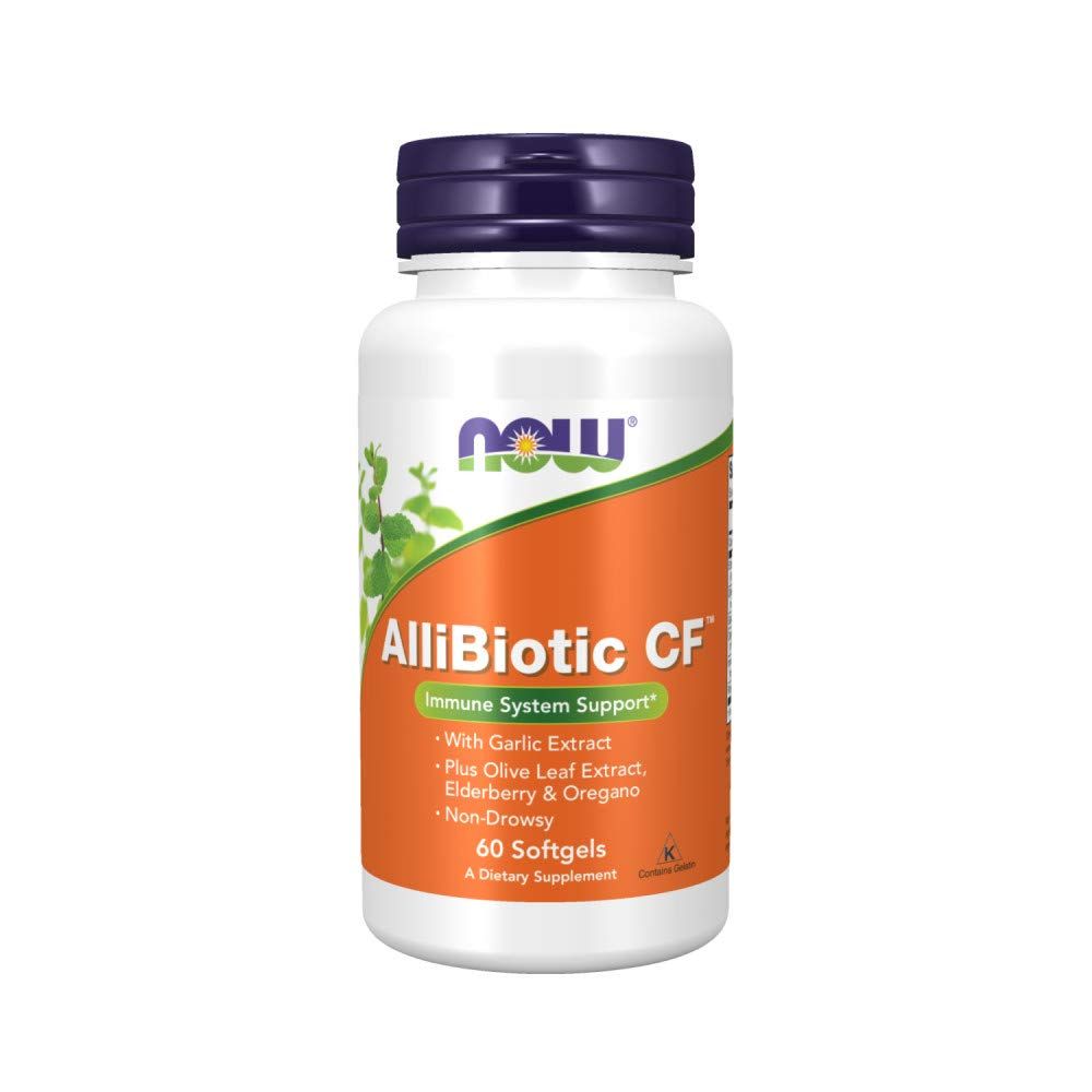 NOW Supplements, AlliBiotic CF, with Garlic Extract, Olive Leaf Extract, Elderberry &amp; Oregano, Non-Drowsy Formula, 60 Softgels