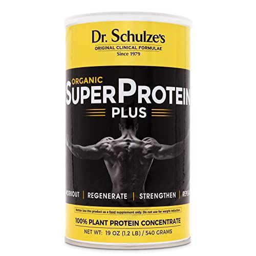 Dr. Schulze's | SuperProtein Plus | 100% Plant Protein Concentrate | Organic Powder Mix | Vitamin B-12 &amp; Spirulina | Dietary Supplement | Build Strong Muscle | Enhance Workout Recovery | 19 Oz.