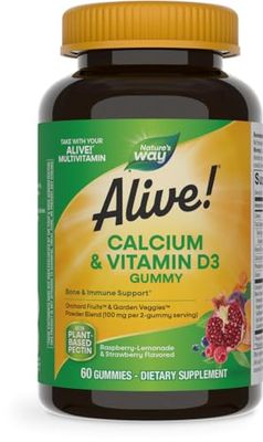Nature&#39;s Way Alive! Daily Calcium &amp; Vitamin D3 Gummies, Bone Support*, Immune Support*, Strawberry and Raspberry- Lemonade Flavored, 60 Gummies (Packaging May Vary)
