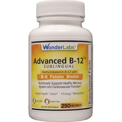 Wonder Laboratories Sublingual Vitamin B12 (1000 mcg), B6 (5mg), Folic Acid(400 mcg) &amp; Biotin (25mcg) - Formulated with Methylcobalamin Vitamin B-12 (250 Tablets)
