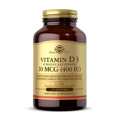Solgar Vitamin D3 (Cholecalciferol) 10 mcg (400 IU) - 250 Softgels - Helps Maintain Healthy Bones &amp; Teeth - Immune System Support - Non-GMO, Gluten Free, Dairy Free - 250 Servings