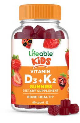 Lifeable Kids Vitamin D3 K2 Gummies | 1000iu D3 and K2 100mcg | Great Tasting D3 and K2 Supplements | for Bone Health and Immunity | VIT D3 K2 for Kids | 60 Gummies