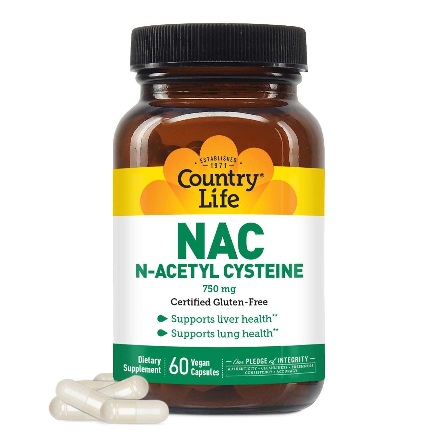 Country Life N-Acetyl Cysteine (NAC) 750 mg - Premium Liver Support and Lung Health Supplement - Powerful Antioxidant Protection, Liver Detox &amp; Cleanse, Immune Support, 60 Vegetarian Capsules