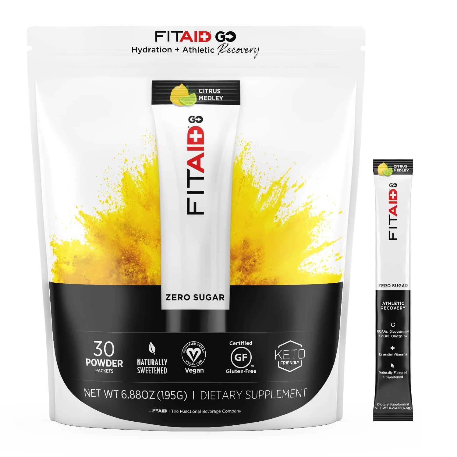 LIFEAID FITAID GO! ZERO SUGAR Recovery + Hydration Packet, W/ BCAAs, Glucosamine, Electrolytes, Omega-3s, 100% Clean, Vegan &amp; Gluten-Free, Naturally Sweetened, 30 Count (Pack of 1)