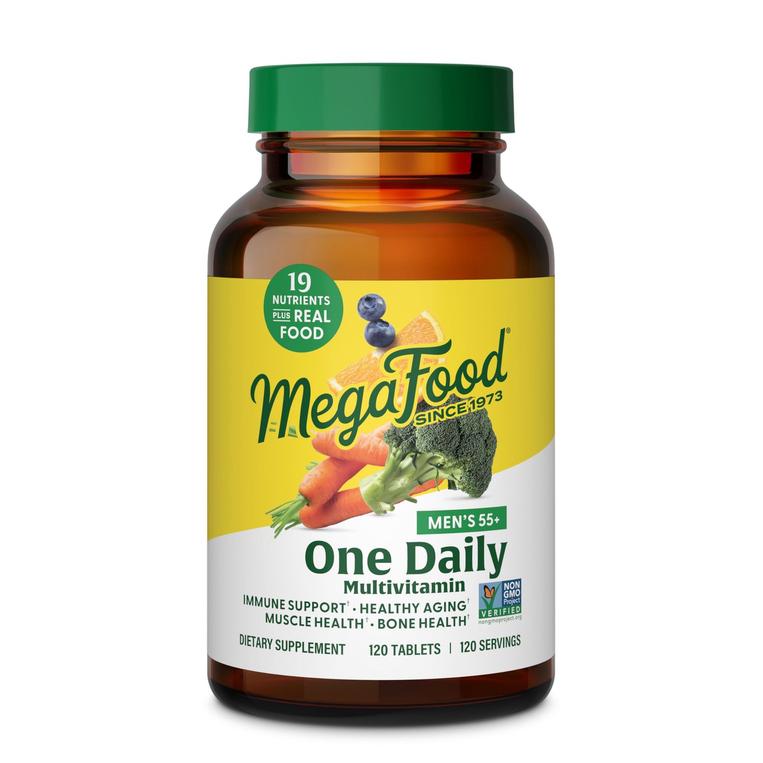 MegaFood Men&#39;s 55+ One Daily - Multivitamin for Men with Vitamin B12, Vitamin C, Vitamin D &amp; Zinc - Optimal Aging &amp; Immune Support Supplement - Vegetarian - Made Without 9 Food Allergens - 120 Tabs