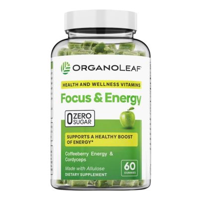 Organoleaf Energy Gummies with Coffeeberry Energy&amp;Cordyceps,Made with Allulose,Focus&amp;Energy Vegan Zero-Sugar Vitamin Supplement for Women and Men,Support a Healthy Boost of Energy,60 Count