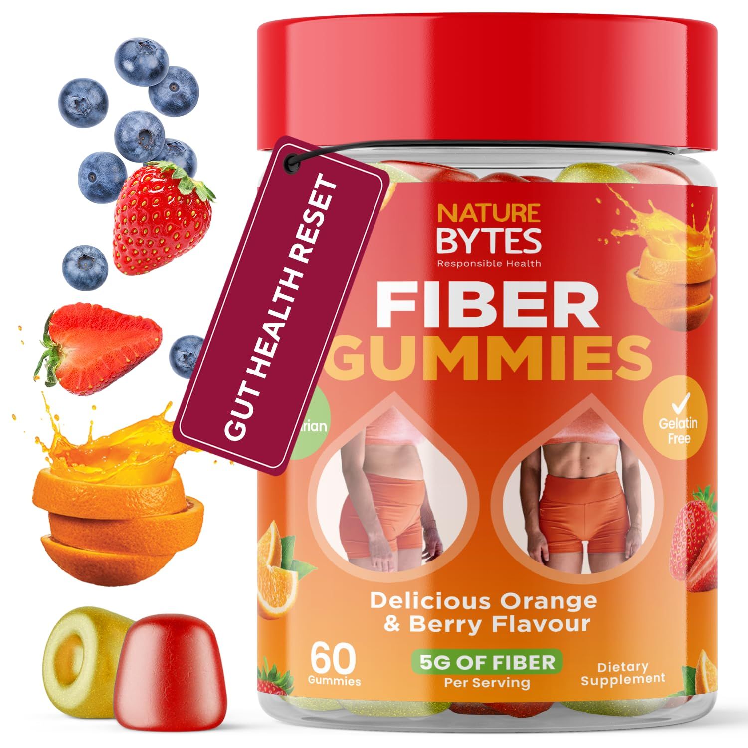 NATUREBYTES Prebiotic Fiber Gummies for Adults and Kids [15g Inulin Fiber from Chicory Root] for Digestive Health, Bloating, Constipation Relief Natural Flavoured Berry &amp; Orange Gummy Supplement