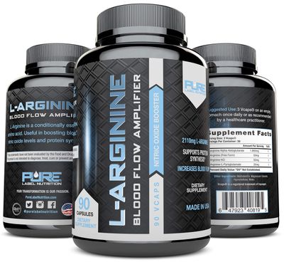 Pure Label Nutrition L Arginine Capsules, Nitric Oxide Booster, Amino Acid Supplement for Men and Women, Helps Build Muscle &amp; Strength and Boost Energy, Blood Flow Support - 180 caps