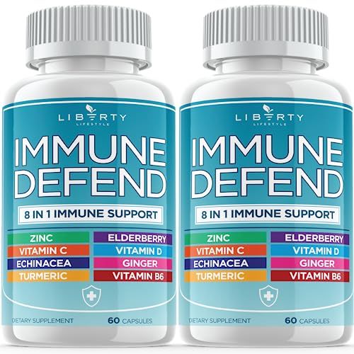 8 in 1 Immune Defense Support, Immunity Vitamins Supplement Booster with Zinc 50mg, Vitamin C Elderberry Vit D3 5000 IU, Turmeric Curcumin &amp; Ginger, Echinacea - Allergy Relief for Kids Adults (2 Pack)