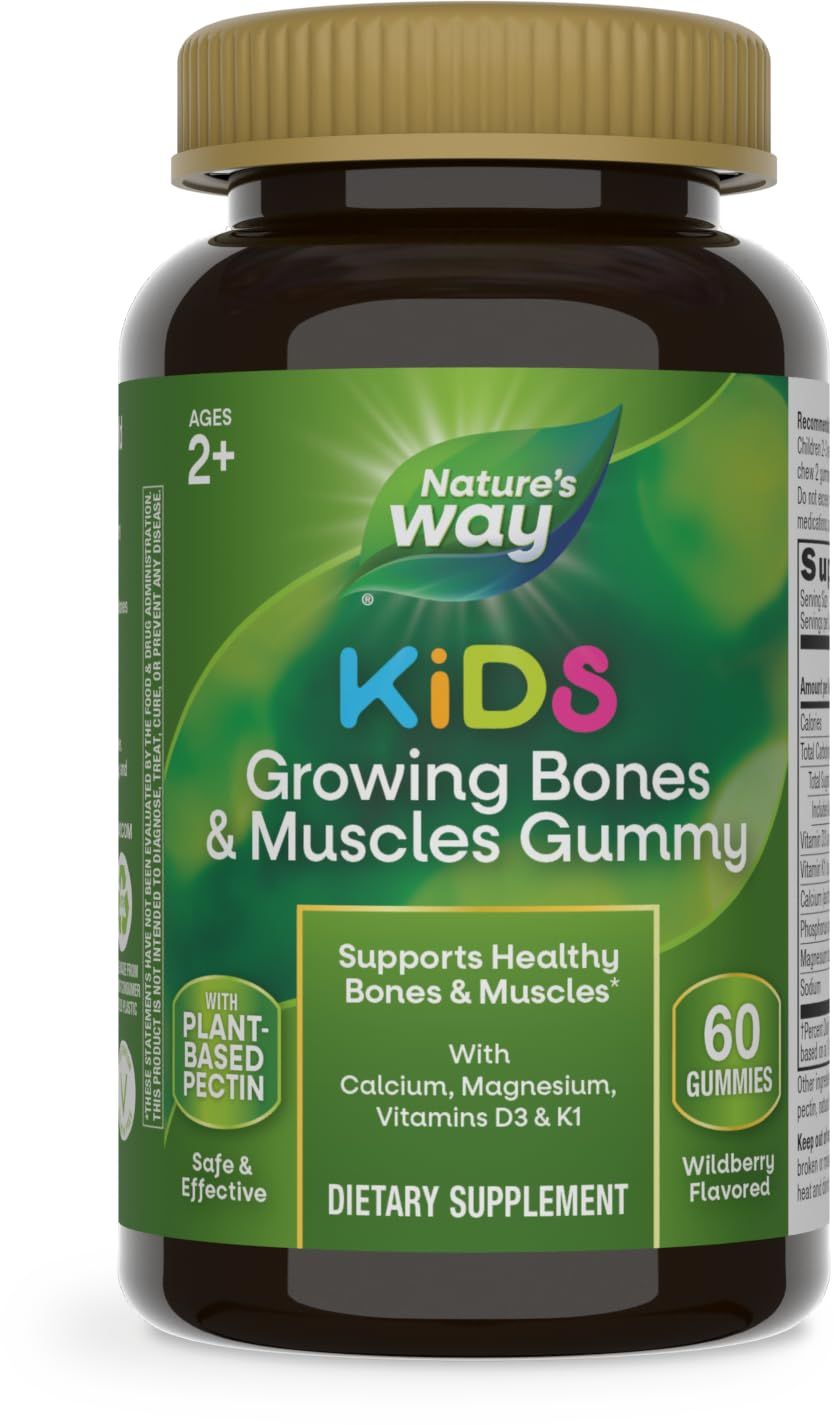 Nature&#39;s Way Kids Growing Bones &amp; Muscles Gummies, Supports Healthy Bones &amp; Muscles*, Calcium, Magnesium, Vitamins D3 &amp; K1, Ages 2+, Wildberry Flavored, 60 Gummies (Packaging May Vary)