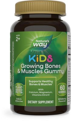 Nature&#39;s Way Kids Growing Bones &amp; Muscles Gummies, Supports Healthy Bones &amp; Muscles*, Calcium, Magnesium, Vitamins D3 &amp; K1, Ages 2+, Wildberry Flavored, 60 Gummies (Packaging May Vary)