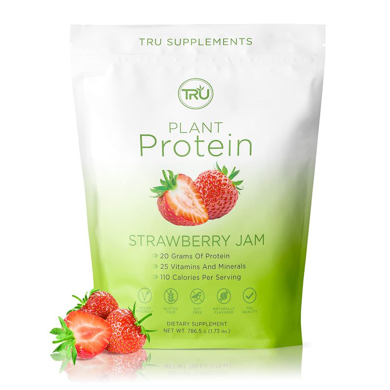 TRU Plant Based Protein Powder, BCAA, EAA, 20g Vegan Protein, 100 Calories, 27 Vitamins, No Artificial Flavors 25 Servings (Strawberry Jam)
