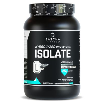 SASCHA FITNESS Hydrolyzed Whey Protein Isolate,100% Grass-Fed (2 Pounds, Cookies &amp; Cream)