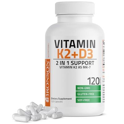 Bronson Vitamin K2 (MK7) with D3 Supplement Non-GMO Formula 5000 IU Vitamin D3 &amp; 90 mcg Vitamin K2 MK-7 Easy to Swallow Vitamin D &amp; K Complex, 120 Capsules.