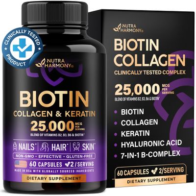 Biotin | Collagen | Keratin - Clinically Tested Supplement - Hair Growth Support - Skin &amp; Nails Complex 25000 mcg - Hyaluronic Acid | B2 | B3 | B6 | B7 - Made in USA - For Women &amp; Men | 60 Capsules