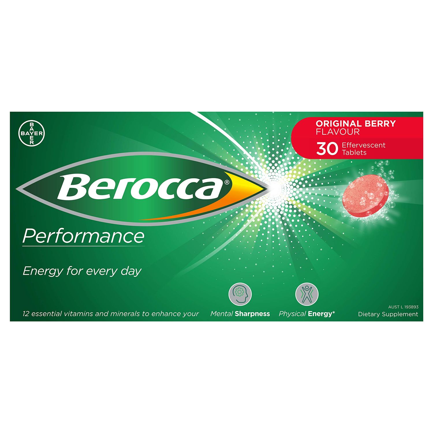 Berocca Performance 30 Effervescent Tablets- Original Berry Flavor International Version Caffeine Free