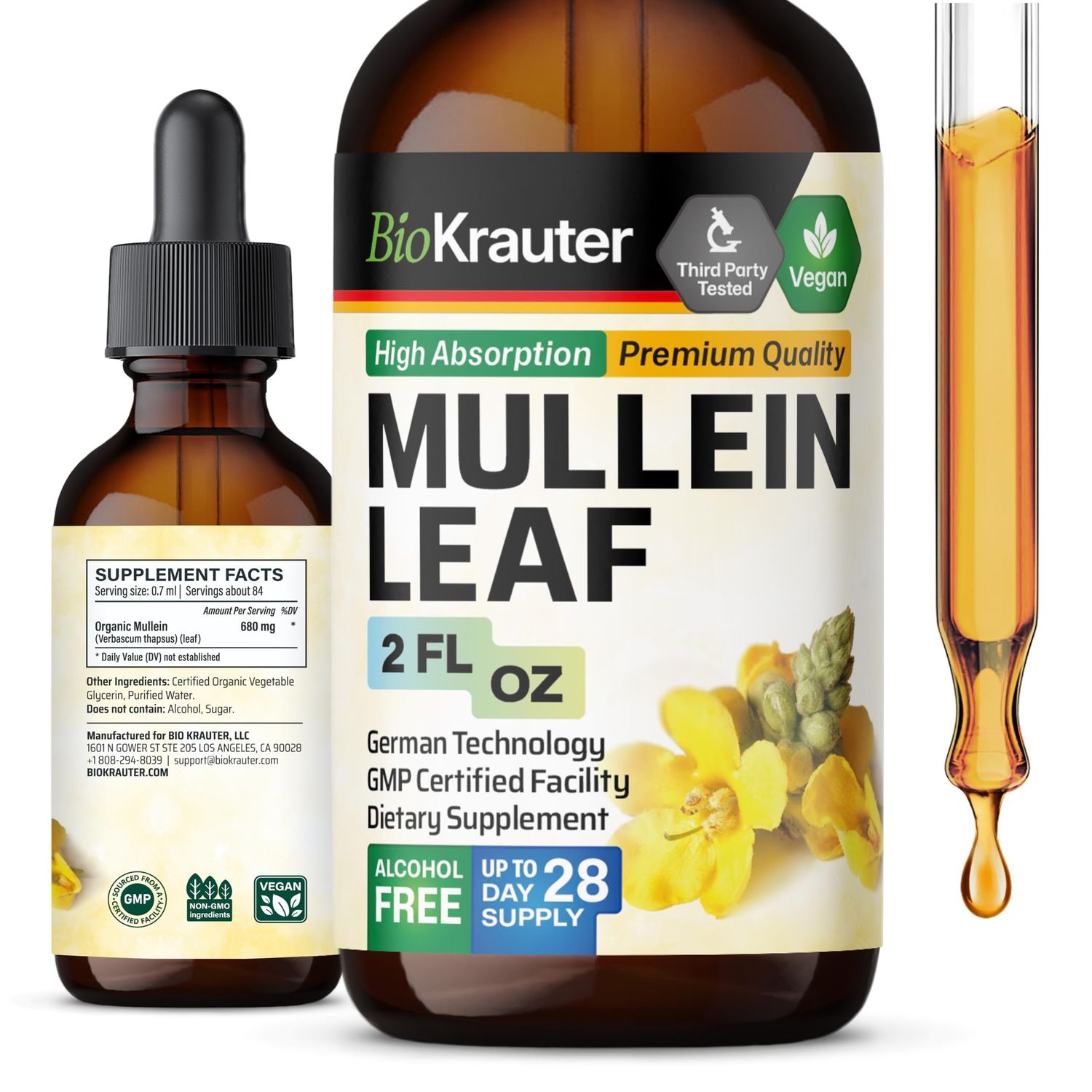 BIO KRAUTER Mullein Drops for Lungs - Liquid Mullein Leaf Extract for Lungs Cleanse - Sugar &amp; Alcohol Free Mullein Tincture - Pure Mullein Extract Drops- Respiratory Supplements - 2 Fl. Oz.