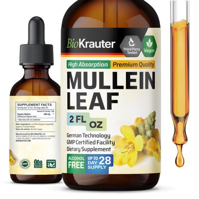 BIO KRAUTER Mullein Drops for Lungs - Liquid Mullein Leaf Extract for Lungs Cleanse - Sugar &amp; Alcohol Free Mullein Tincture - Pure Mullein Extract Drops- Respiratory Supplements - 2 Fl. Oz.