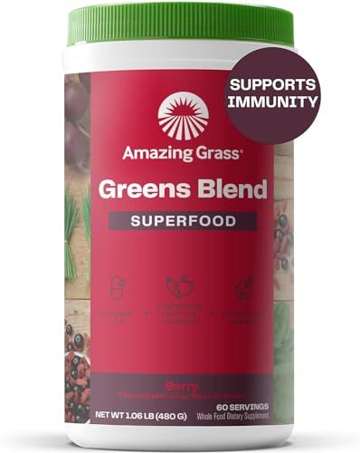 Amazing Grass Greens Superfood Powder: Greens Powder with Digestive Enzymes &amp; Probiotics, Organic Spirulina, Chlorella, and Beet Root Powder, Berry, 60 Servings