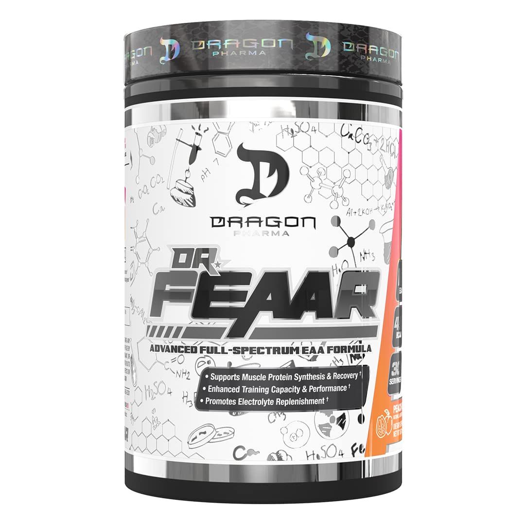 DRAGON PHARMA Dr. FEAAR Advanced Full-Spectrum EAA Matrix, Supports Muscle Protein Synthesis and Recovery, Enhanced Training Capacity and Performance, 4:1 Ratio of BCAAs (30 Servings, Peach Guava)