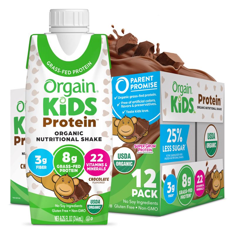 Orgain Organic Kids Nutritional Protein Shake, Chocolate, Healthy Kids Snacks, 8g Dairy Protein, 3g Fiber, 22 Vitamins &amp; Minerals, No Soy Ingredients, Gluten Free, Non-GMO, 8.25 Fl Oz (Pack of 12)