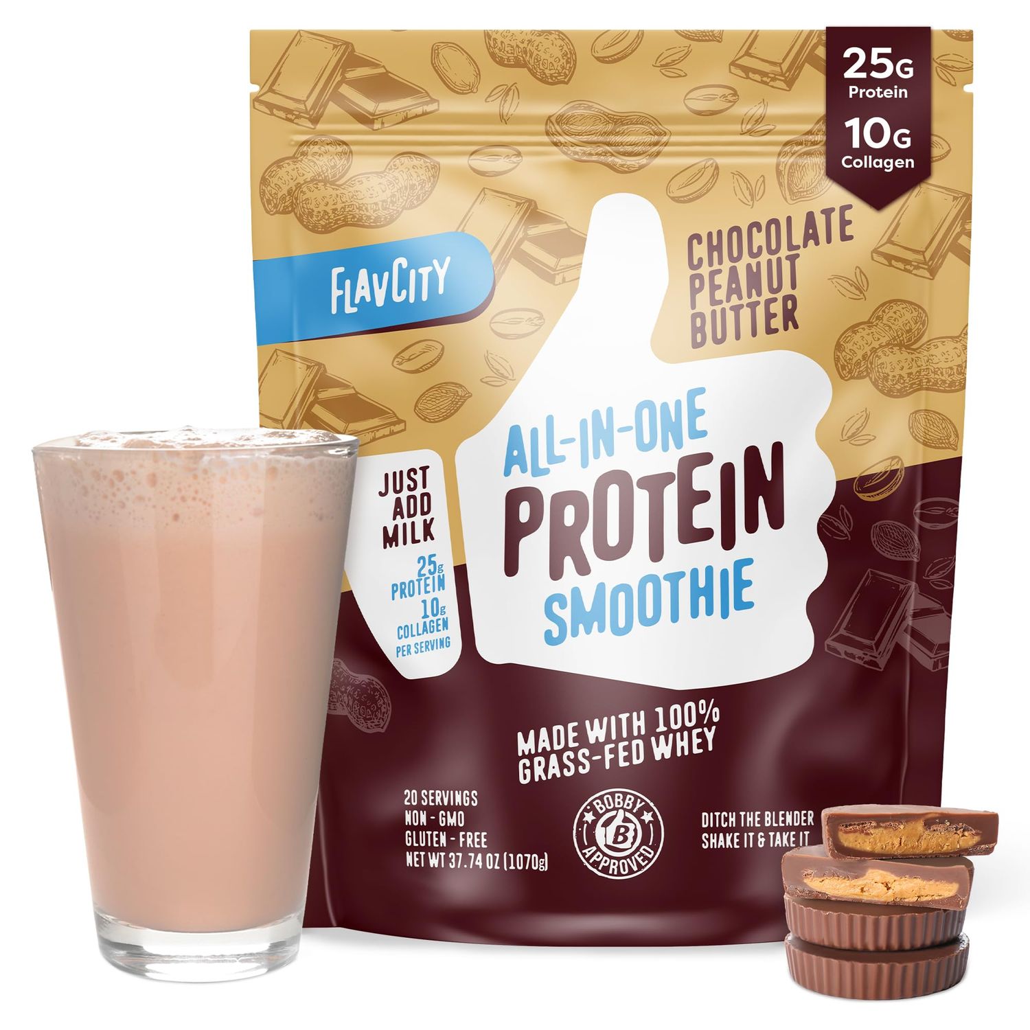 FlavCity Protein Powder Smoothie, Chocolate Peanut Butter - 100% Grass-Fed Whey Protein Smoothie with Collagen (25g of Protein) - Gluten Free &amp; No Added Sugars (37.74 oz)