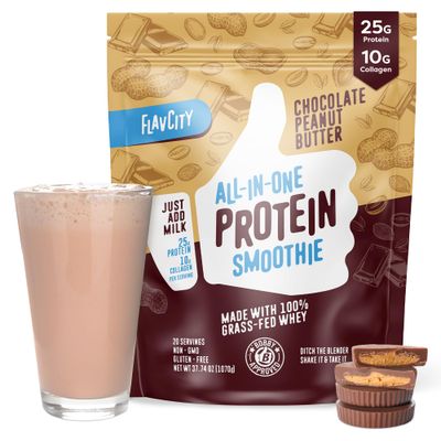 FlavCity Protein Powder Smoothie, Chocolate Peanut Butter - 100% Grass-Fed Whey Protein Smoothie with Collagen (25g of Protein) - Gluten Free &amp; No Added Sugars (37.74 oz)