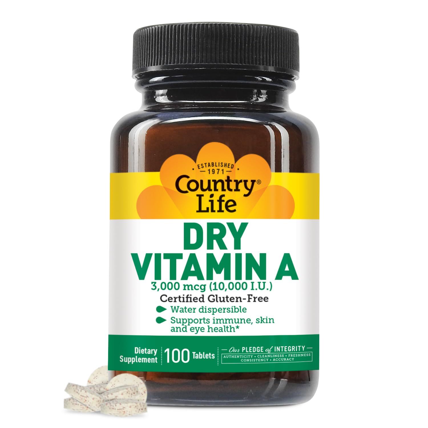 Country Life Vitamin A 10,000 IU - Immune Support, Skin &amp; Eye Health Supplement, Certified Gluten-Free, Vegan, Halal, Kosher, 50% Beta-Carotene &amp; 50% Retinyl Palmitate, Easy Absorption - 100 Softgels
