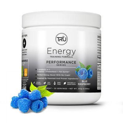 TRU Supplements Energy, Pre Workout Training Formula, Vegan Friendly, No Jitters, Improve Workout Performance, Naturally Extracted Flavors, 20 Servings (Blue Raspberry)