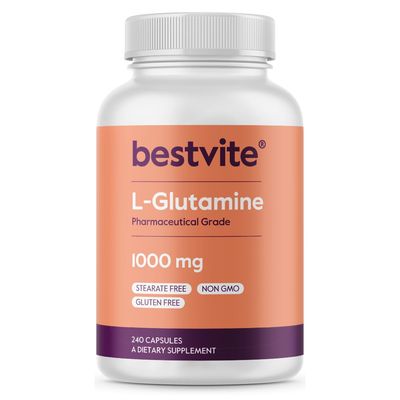 BESTVITE L-Glutamine 1000mg per Capsule (240 Capsules) - Free Form - No Stearates - No Fillers - Gluten Free - Non GMO - Pure L Glutamine Supplement - Maximum Strength Glutamine Capsules