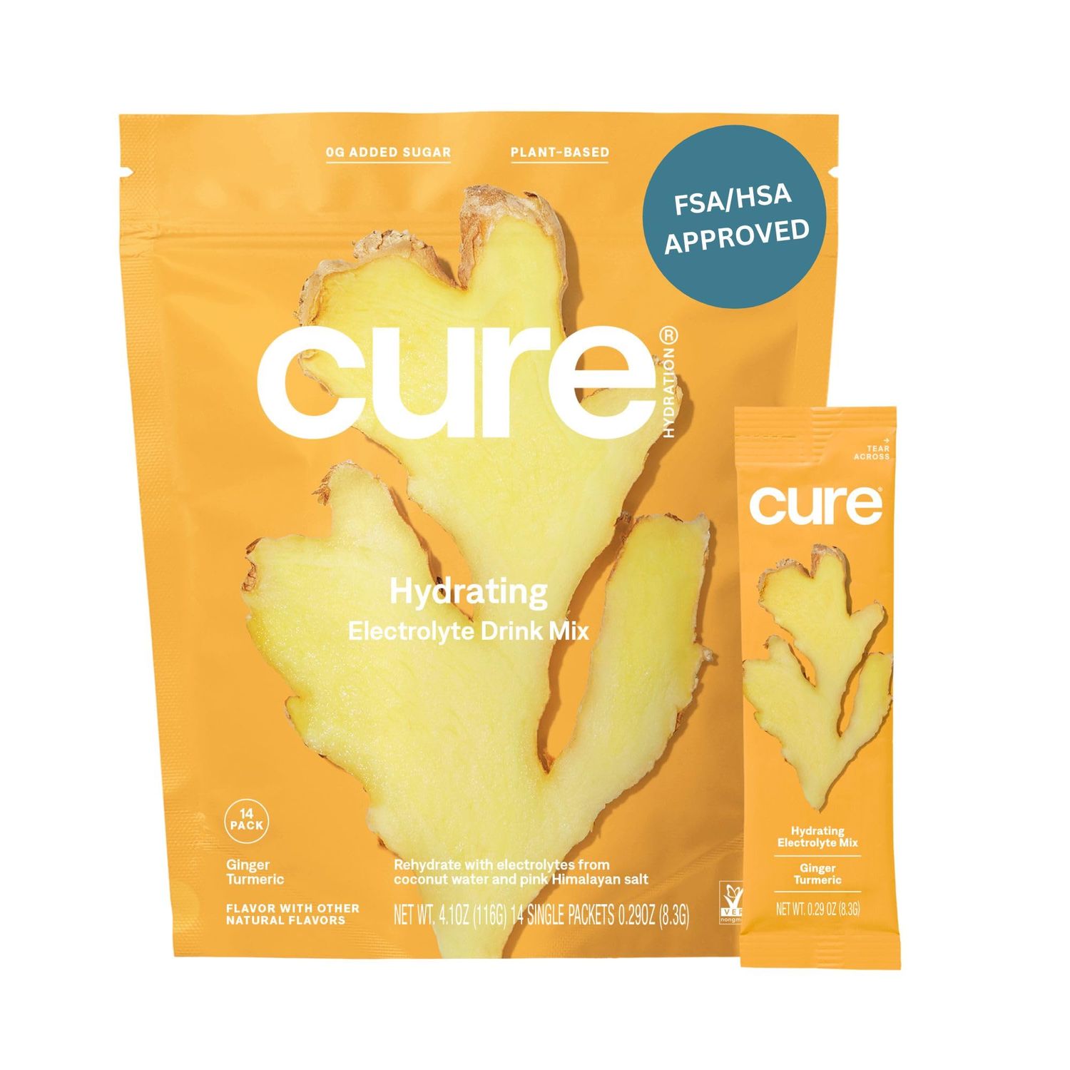 Cure Hydrating Electrolyte Mix | Powder for Dehydration Relief | Made with Coconut Water | No Added Sugar | FSA &amp; HSA | Vegan | Paleo Friendly | Pouch of 14 Packets - Ginger Turmeric