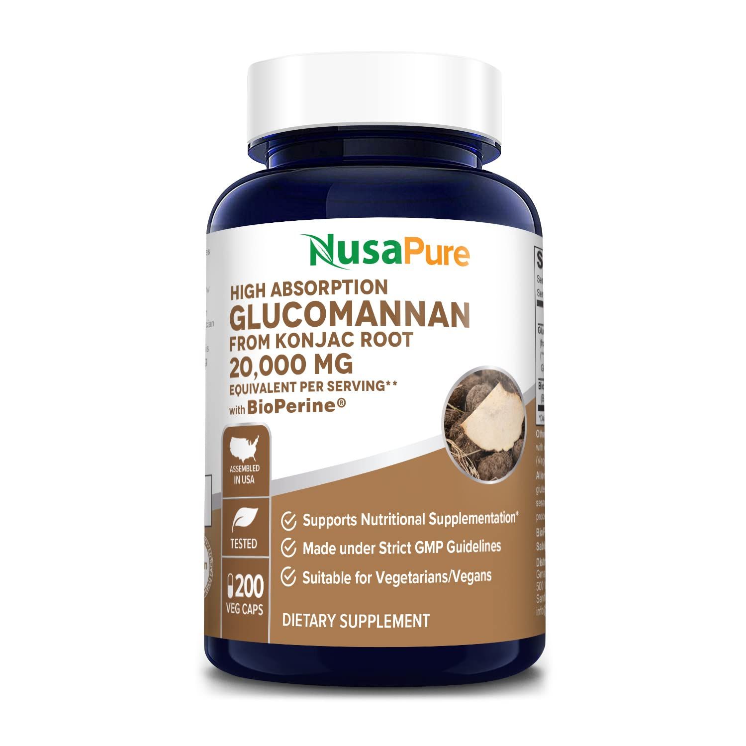 NusaPure Glucomannan 20,000 mg per Serving 200 VCaps (20:1 Extract, BioPerine Non-GMO, Vegan) Konjac Root