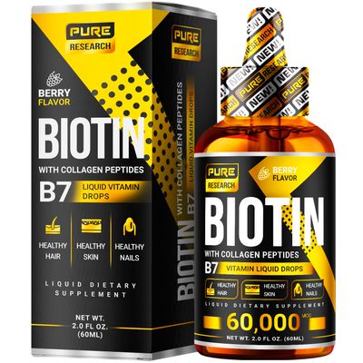 PURE RESEARCH Liquid Biotin &amp; Collagen Hair Growth Drops 60,000mcg - Biotin and Liquid Collagen Supplement for Men &amp; Women - Glowing Skin Support, Healthy Hair &amp; Nail Growth - 2oz