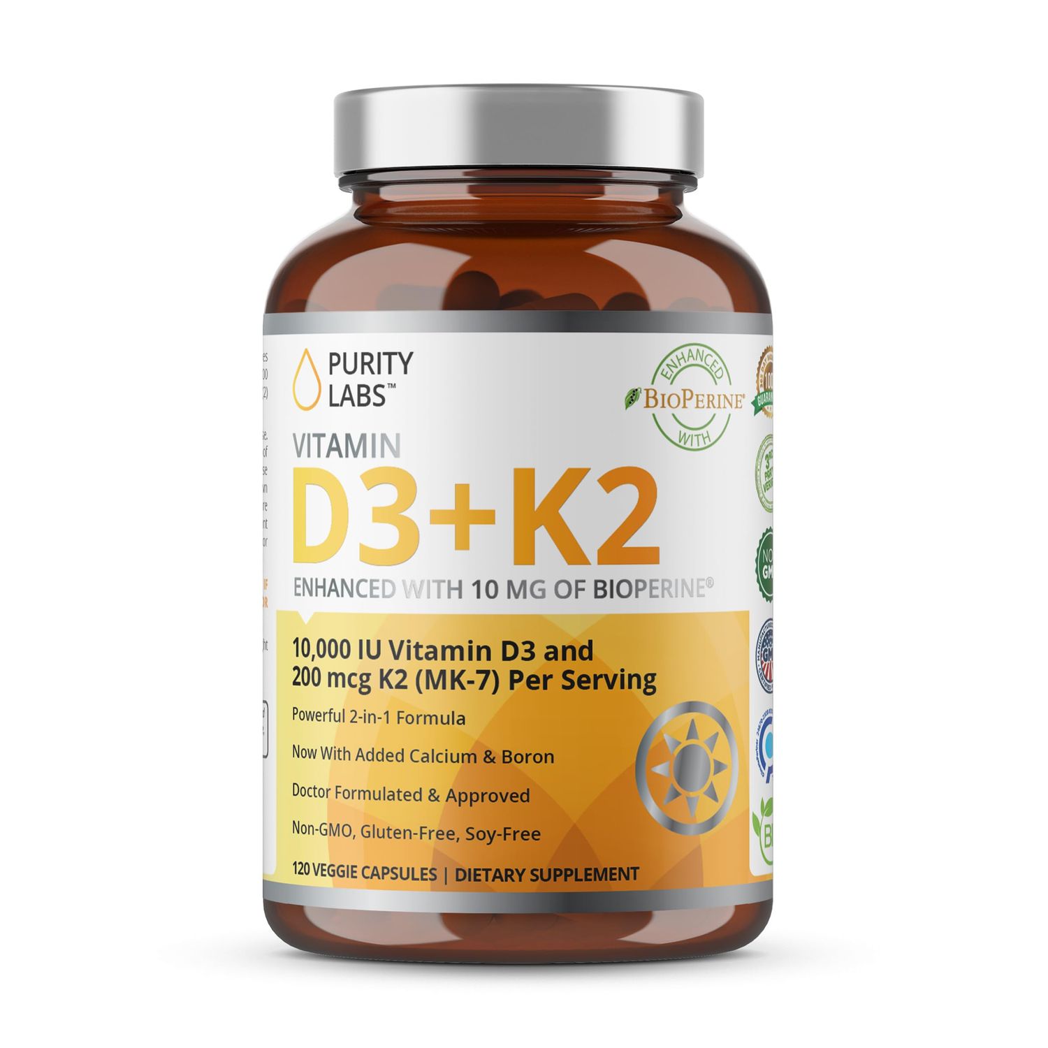Purity Labs Vitamin D3 K2 10000 IU, (250mcg) D3 + 200mcg K2 MK7 - Immune Support Supplement Enhanced with Bioperine - Supplements for Daily Defense, Bone, Muscle &amp; Skin Health - 120 Capsules